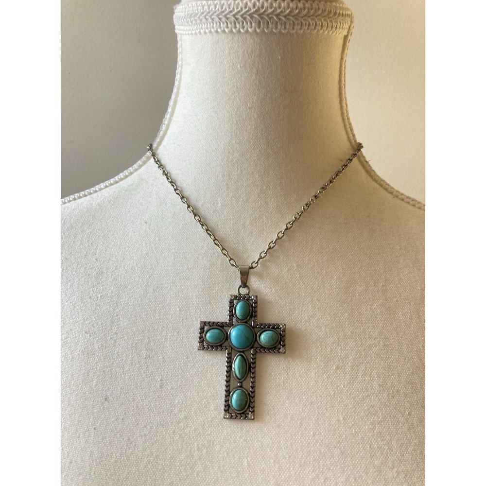 Southwestern Cross Pendant Necklace Silver Tone Faux Turquoise Cabochon